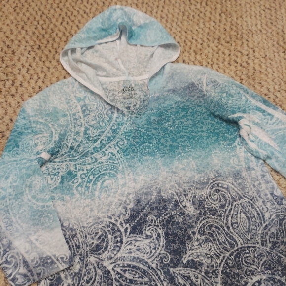 Style & Co Sport Women PM Lightweight Hoodie Blue Paisley Burnout 3/4 Sleeves - Picture 2 of 12